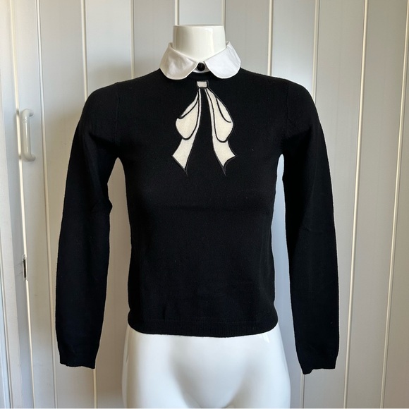Alice + Olivia Black Embroidered Ribbon Bow Collared Sweater - Picture 6 of 9